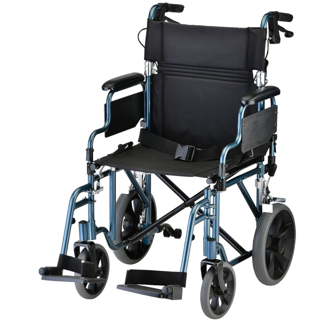 The Nova Medical 352 Lightweight Transport Chair with Locking Hand Brakes and XL Wheels is foldable, has large rear and small front wheels, footrests, armrests, a black seat and backrest, plus locking hand brakes for safety.